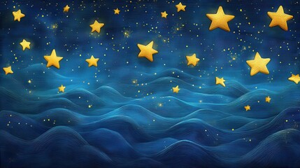 Fototapeta premium Dreamy Night Sky with Golden Stars and Textured Blue Waves, Abstract Fantasy Art.