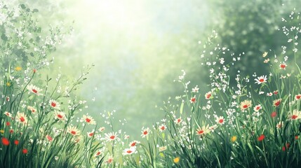 Fototapeta premium Impressionistic Meadow with Daisies and White Flowers, Gentle Spring Light, Soft Green Background.