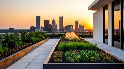 Fototapeta premium Gardening landscaping concept. Rooftop garden with a city skyline at sunset, promoting urban living and green spaces.