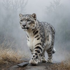 Obraz premium A snow leopard cat walking gracefully through soft, white mist.