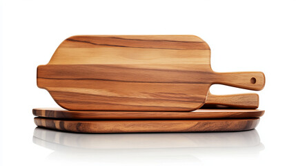 Wooden cutting board or tray, set of realistic vector illustrations. Natural, eco-friendly kitchen utensils made of wood, side view isolated on white background with reflection