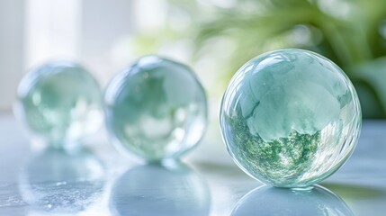 Three Glass Spheres Reflecting Blurred Greenery and Soft Light on a Light Gray Surface.