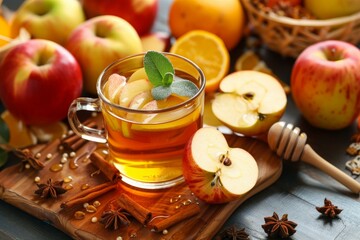 Glass mug of hot apple cider garnished with apple slices, sage leaves and spices on wooden board