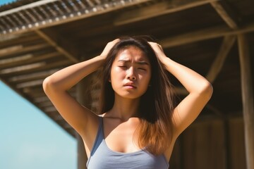 Fototapeta premium Young asian woman holding her hair, experiencing discomfort and worry under a wooden structure