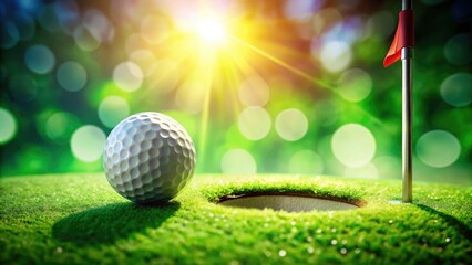 Crisp HD image: Isolated golf ball rests on green, bokeh background, near red-flagged hole.
