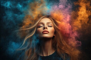 Woman surrounded by colorful smoke exhibiting creativity and inner peace in a dynamic artistic expression