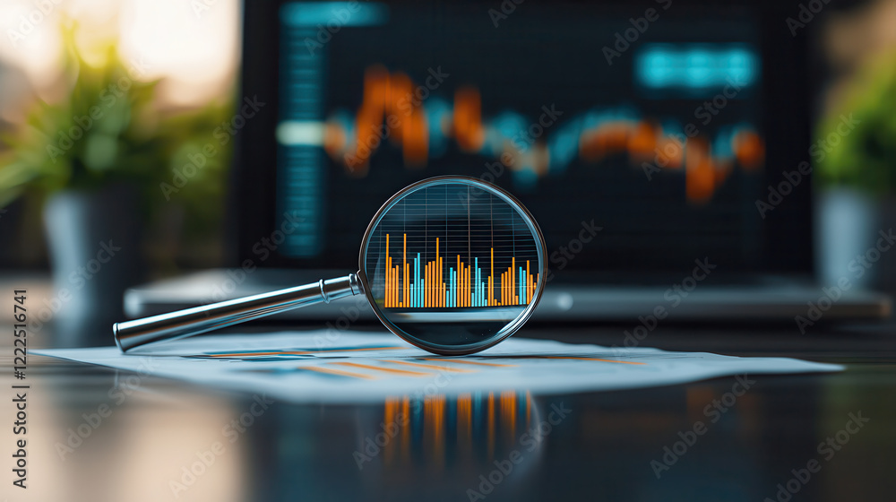 Aufkleber High resolution image of magnifying glass focusing on financial graph, symbolizing analysis and data interpretation. background features laptop displaying additional data