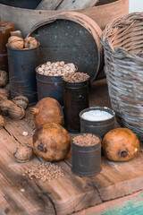 Photographic arrangement of a table with seeds and foodstuffs