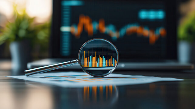 High resolution image of magnifying glass focusing on financial graph, symbolizing analysis and data interpretation. background features laptop displaying additional data