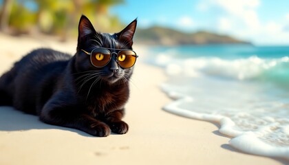 Obraz premium Cool Black Cat on Beach Wearing Sunglasses