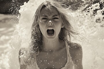 Obraz premium Emotion and energy capture as a young woman embraces ocean waves during a bright, sunny day at the beach