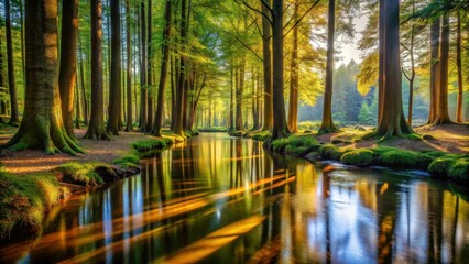 Obraz premium Golden sunlight filters through a tranquil woodland, illuminating a serene stream reflecting the majestic trees and lush greenery.