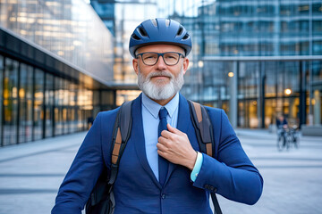 Fototapeta premium Portrait of bearded senior businessman fastening his cycling helmet while standing by bicycle in city