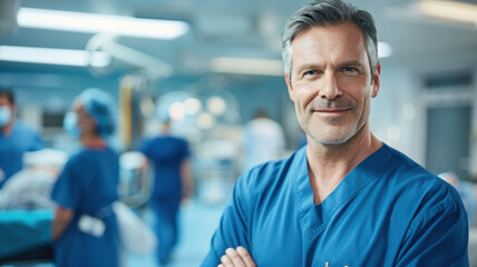 confident male doctor in blue scrubs stands in busy hospital emergency room, with medical staff working in background. environment is professional and focused