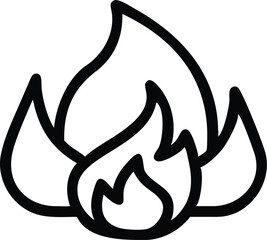 Simple black outline, flame icon, fire symbol, minimalist design, white background, bold linework, graphic element, single flame shape, stylized illustration, vector art, clean contours, campfire embl