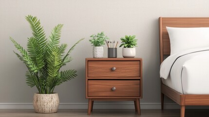 Furniture trendy and minimal innovative, A cozy bedroom scene featuring a wooden nightstand with plants and a neatly made bed, creating a serene and inviting atmosphere.
