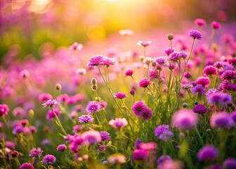 Obraz premium Delicate wildflowers paint a vibrant pink and purple meadow, a soft grassy pillow for the soul.
