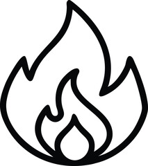 Simple black outline, flame icon, fire symbol, minimalist design, white background, bold linework, graphic element, single flame shape, stylized illustration, vector art, clean contours, campfire embl