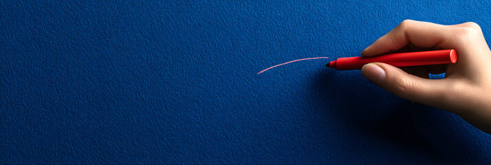 Close-up of a hand drawing a line with a red pen - wide banner - blue background