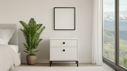 Furniture trendy and minimal innovative, A modern, minimalist bedroom corner featuring a white nightstand, a potted plant, and a large window with scenic views.