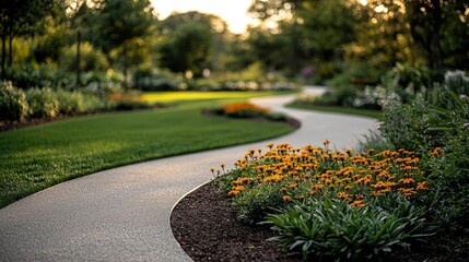 Green spaces gardening concept. A beautiful garden path surrounded by vibrant flowers and lush greenery at sunset.