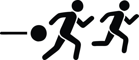 Simple stick figure runners, minimalist clock icon, black and white graphic, athletic symbol, time management concept, race against time, marathon pictogram, stylized sports illustration, fitness icon