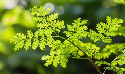 Fototapeta premium Sunlit fern leaves on branch with bokeh background, ideal for nature themes