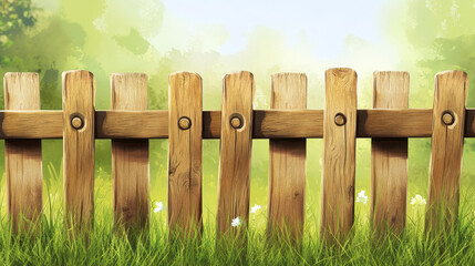 Obraz premium White wooden picket fence with green grass isolated on background. Vector realistic illustration of farm or garden barrier from wood boards on field, meadow or lawn