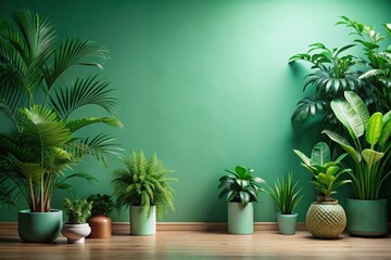 Obraz premium Lush Greenery Against a Vibrant Emerald Wall A Serene Indoor Botanical Arrangement Featuring Various Foliage in Stylish Planters