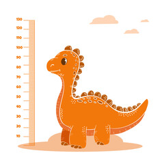 cute orange dino measures height. Growth lines with funny animals, gradual child maturation, cute  dinosaur, vector poster