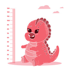 cute pink dino measures height. Growth lines with funny animals, gradual child maturation, cute  dinosaur, vector poster