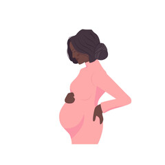 Pregnant dark skin woman in pink dress. Healthy happy pregnancy and motherhood. Beautiful smiling pregnant african american woman in underwear or swimsuit. Pregnancy belly with kinesio taping.
