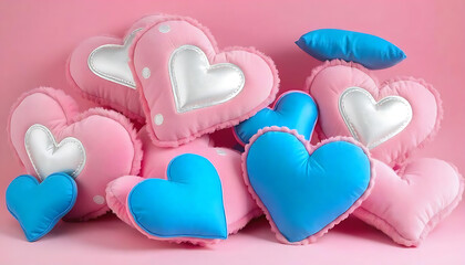 Fototapeta premium Pink cushions shaped like hearts with silver heart designs in the center, all set against a solid pink background, created with generative ai