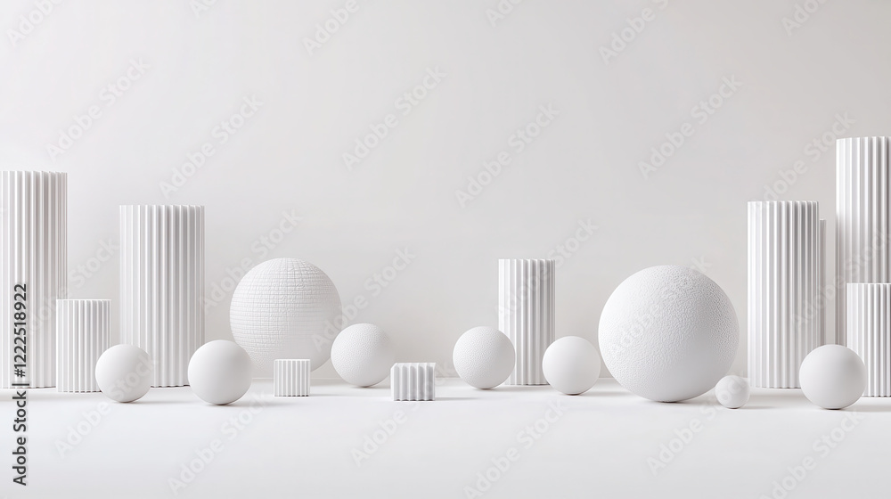 Poster Minimalist composition of white geometric shapes, including spheres and columns, creating modern aesthetic. Ideal for backgrounds or design projects