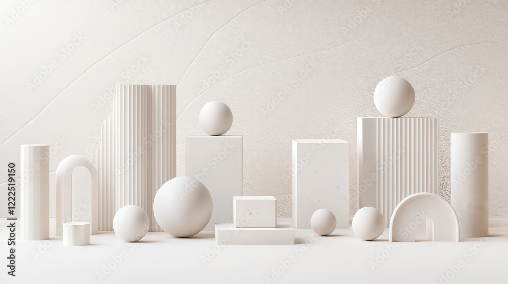 Poster minimalist arrangement of white geometric shapes on light background, showcasing various forms like 