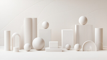 Minimalist arrangement of white geometric shapes on light background, showcasing various forms like spheres, cylinders, and blocks, creating serene and modern aesthetic