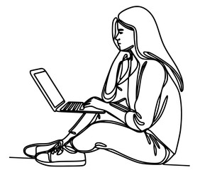 person sitting on a chair and using a laptop, person sitting on a chair and working on a laptop, Continuous one line drawing of girl sitting with laptop
