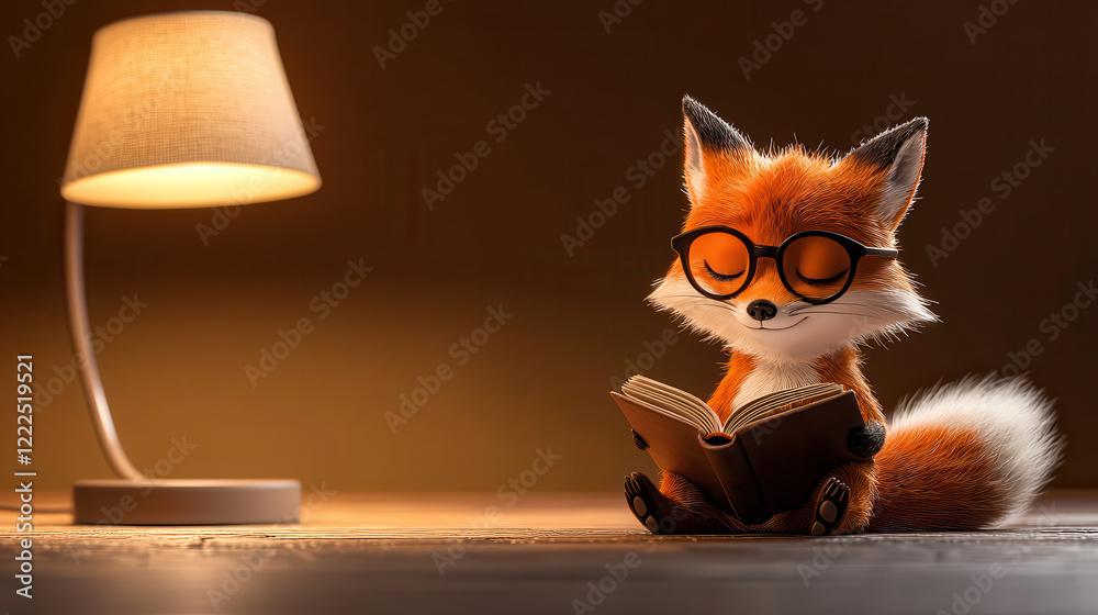 Poster small animated fox wearing glasses reads book under warm lamp light, creating cozy atmosphere. fox appears content and engaged in its reading