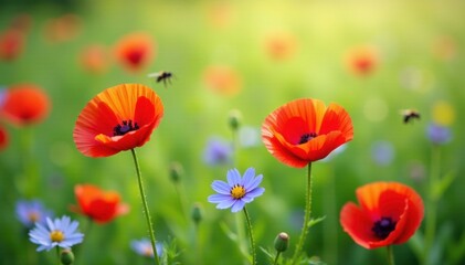 Obraz premium Poppies and cornflowers in a lush green summer meadow, bees, garden flowers