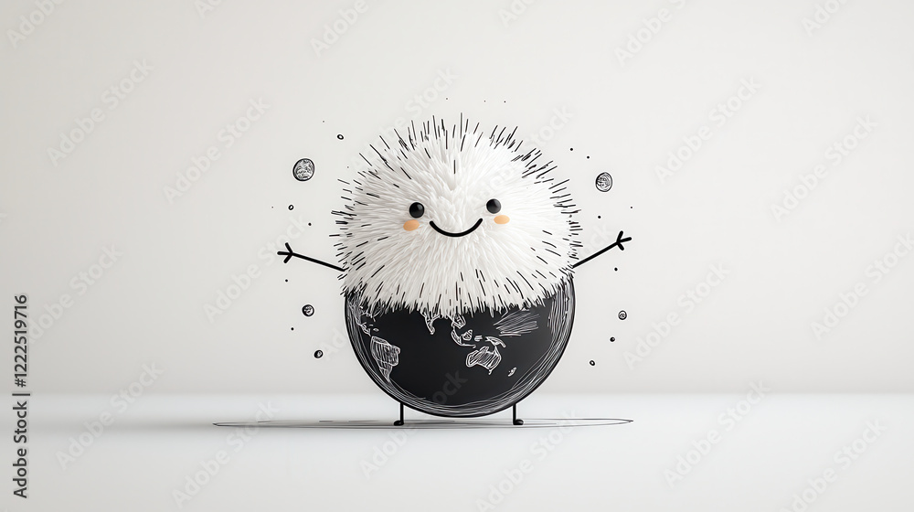 Poster cute cartoon character with fluffy texture representing earth, smiling and surrounded by small plane