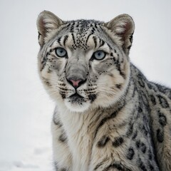 Naklejka premium Snow leopard cat looking curious, paw raised, simple white backdrop.