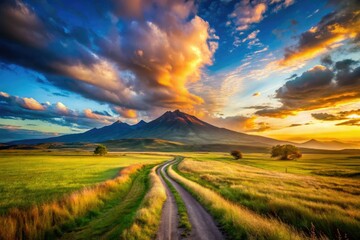 Fototapeta premium Golden sunset paints a mountain silhouette, long exposure revealing the tranquil grassy field and dirt road.