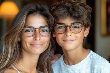 Smiling mother and son with glasses enjoying a moment together indoors during a sunny afternoon