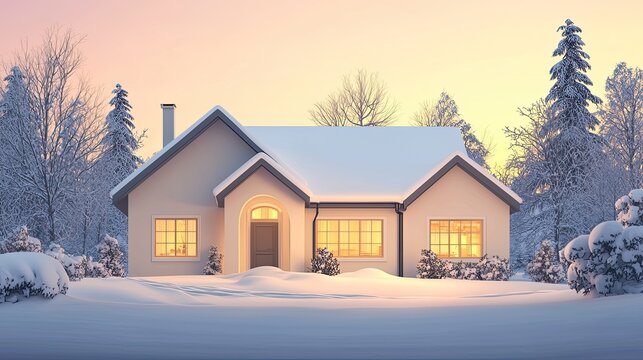 an illustration of a house covered in snow, with warm light glowing from the windows.