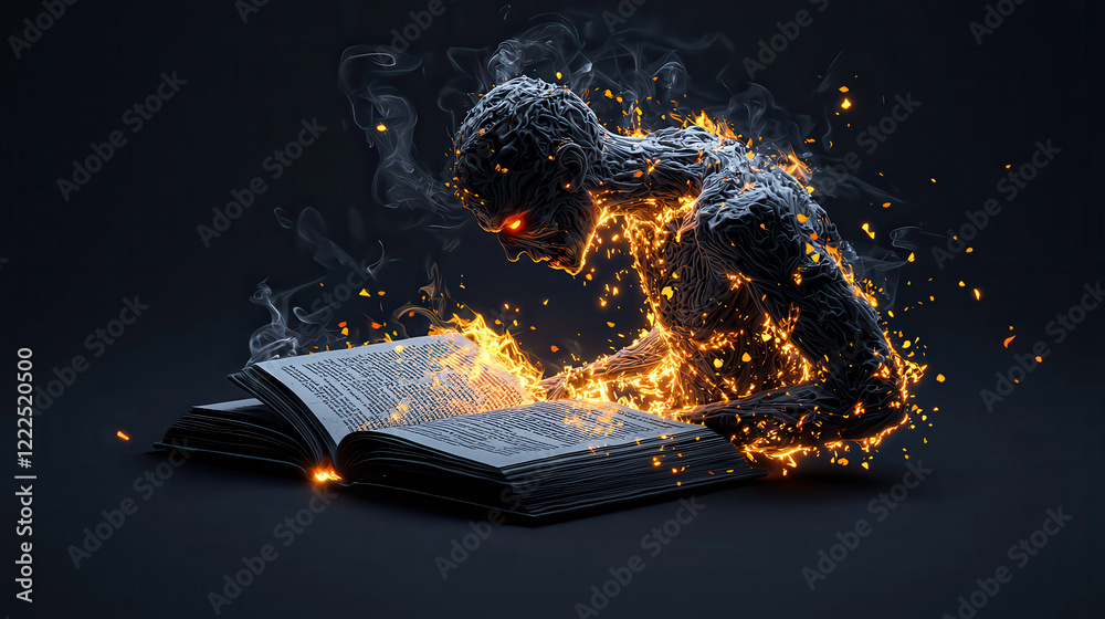 Aufkleber ghostly humanoid figure emerges from open book, surrounded by flames and smoke, creating mystical an