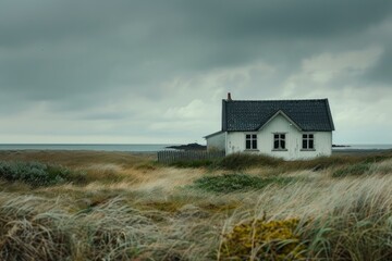 Old white wooden house stands on a windy beach with tall grass under a cloudy, moody sky