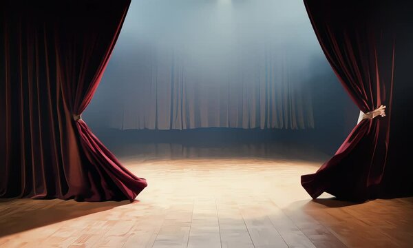 red curtain opening with grand stage and bright light decoration