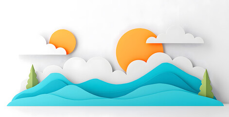 Landscape with mountains and sea waves in paper cut style