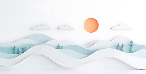 Landscape with mountains and sea waves in paper cut style
