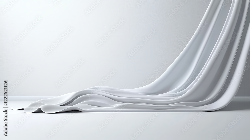 Poster flowing white fabric drapes elegantly on smooth surface, creating serene and minimalistic atmosphere. soft curves and folds evoke sense of calm and simplicity